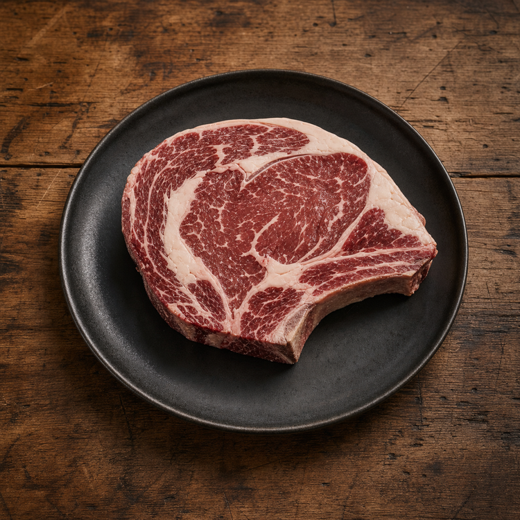 Dry Aged Freiland-Bio Côte de Boeuf auf Holzuntergrund