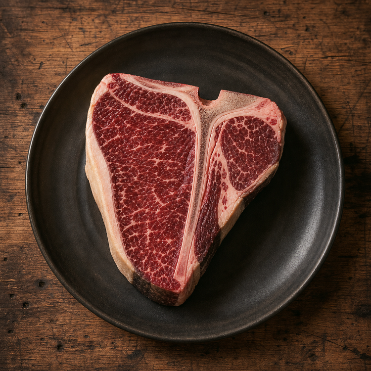 Dry Aged Freiland-Bio T-Bone Steak mit kleinerem Filetanteil auf Holzuntergrund