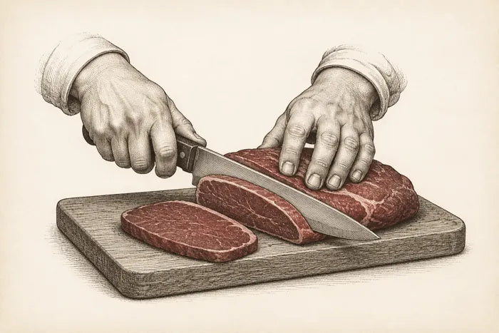 Illustration: Metzgerhände schneiden ein Steak auf dem Holzbrett zu