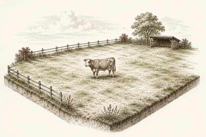 Illustration eines Rinds mit Platz im Freien und Zugang zu einem Unterstand