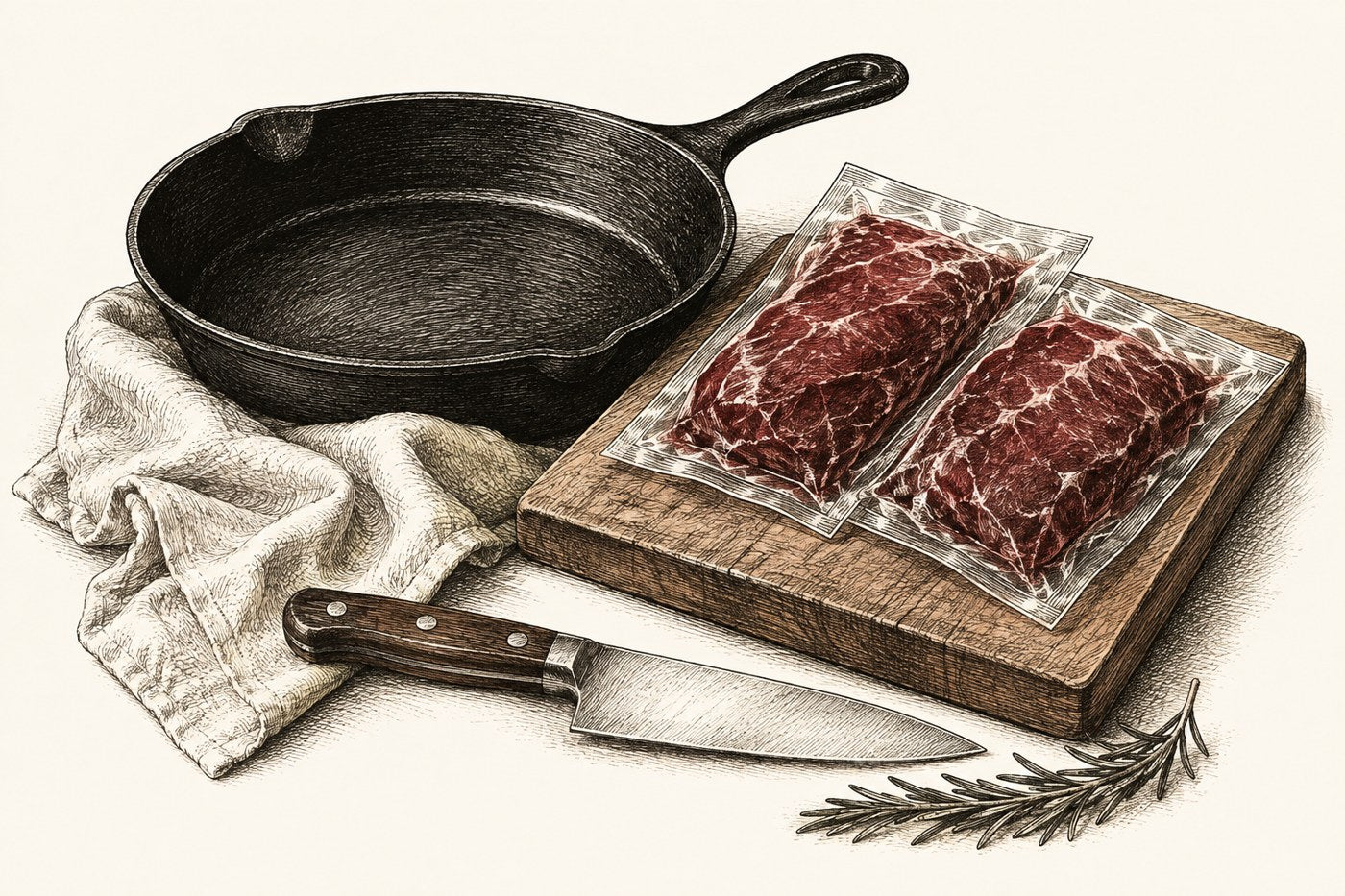 Illustration: vakuumierte Fleischportionen, Vorratsdose und Pfanne für die Wochenplanung