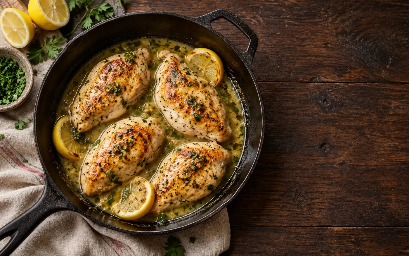 Saftige Hähnchenbrust aus der Pfanne mit Zitronen-Kräuter-Sauce