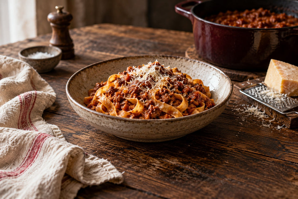Tagliatelle mit Bolognese aus Rinderhack und frisch geriebenem Parmesan