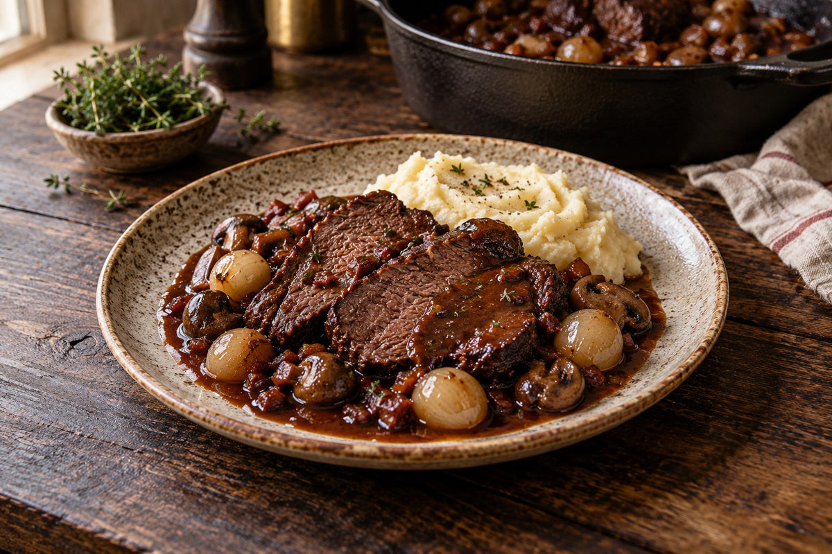 Burgunderbraten in Scheiben mit Rotweinsauce, Champignons und Perlzwiebeln