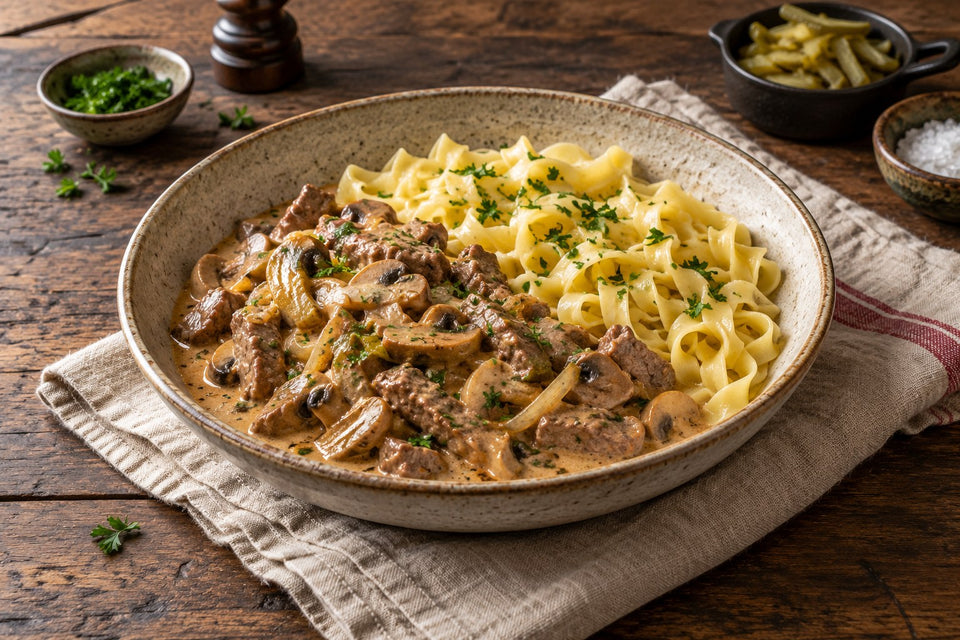 Boeuf Stroganoff mit Rinderfiletspitzen, Pilzen und Bandnudeln