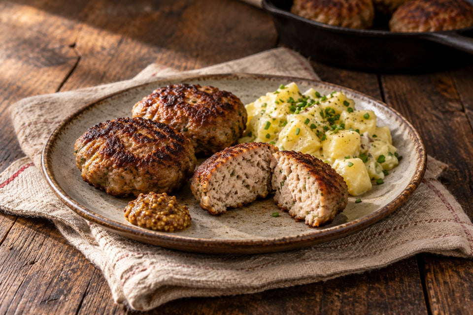 Goldbraune Frikadellen aus Schweinehack mit Kartoffelsalat und Senf