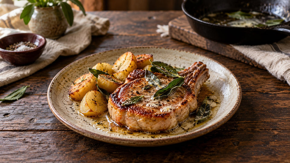 Gebratenes Schweinekotelett am Knochen mit Salbeibutter und Bratkartoffeln