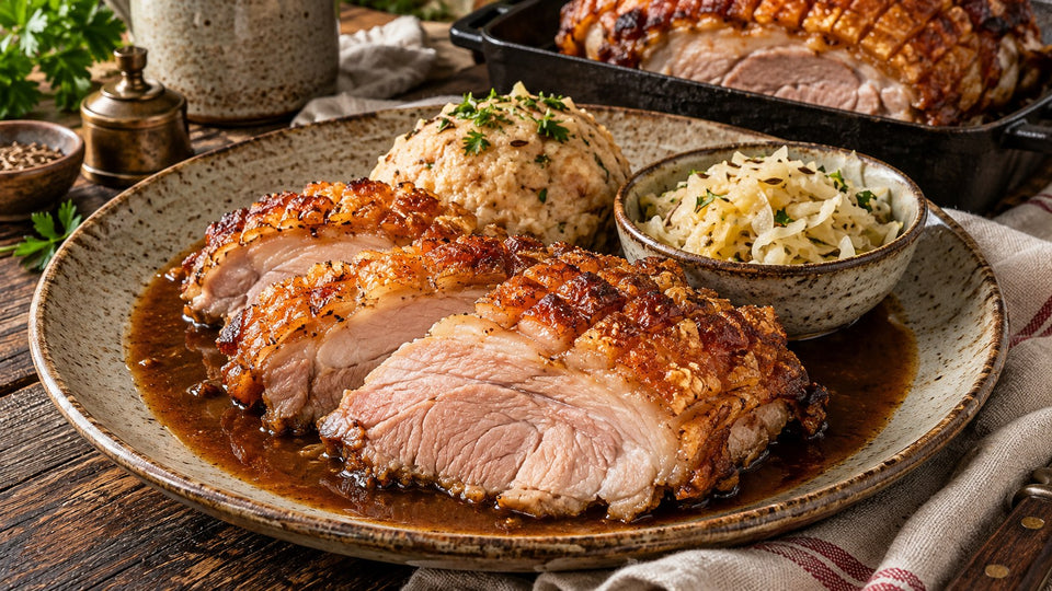 Krustenbraten aus der Schweineschulter mit Knödel und Biersauce