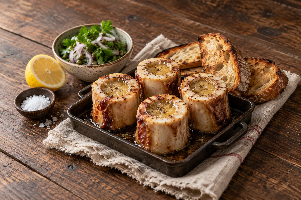 Geröstete Markknochen mit Sauerteigbrot und Petersiliensalat