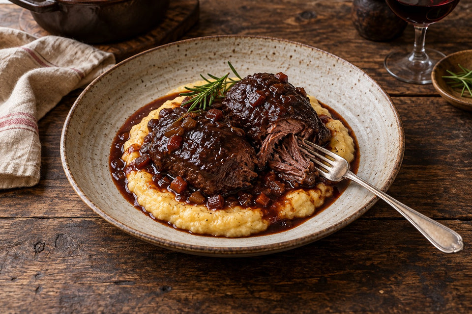 Geschmorte Ochsenbacken in Rotweinjus auf Polenta