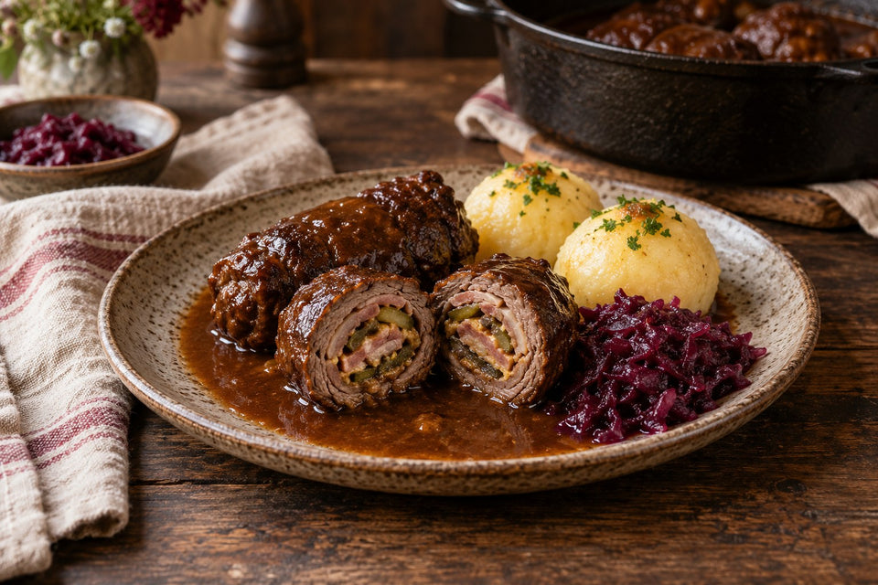 Rinderrouladen in dunkler Sauce mit Kartoffelklößen und Rotkraut