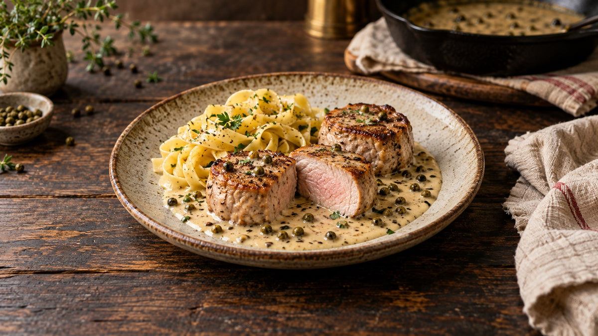 Schweinefilet-Medaillons in Pfefferrahmsauce mit grünem Pfeffer und Bandnudeln