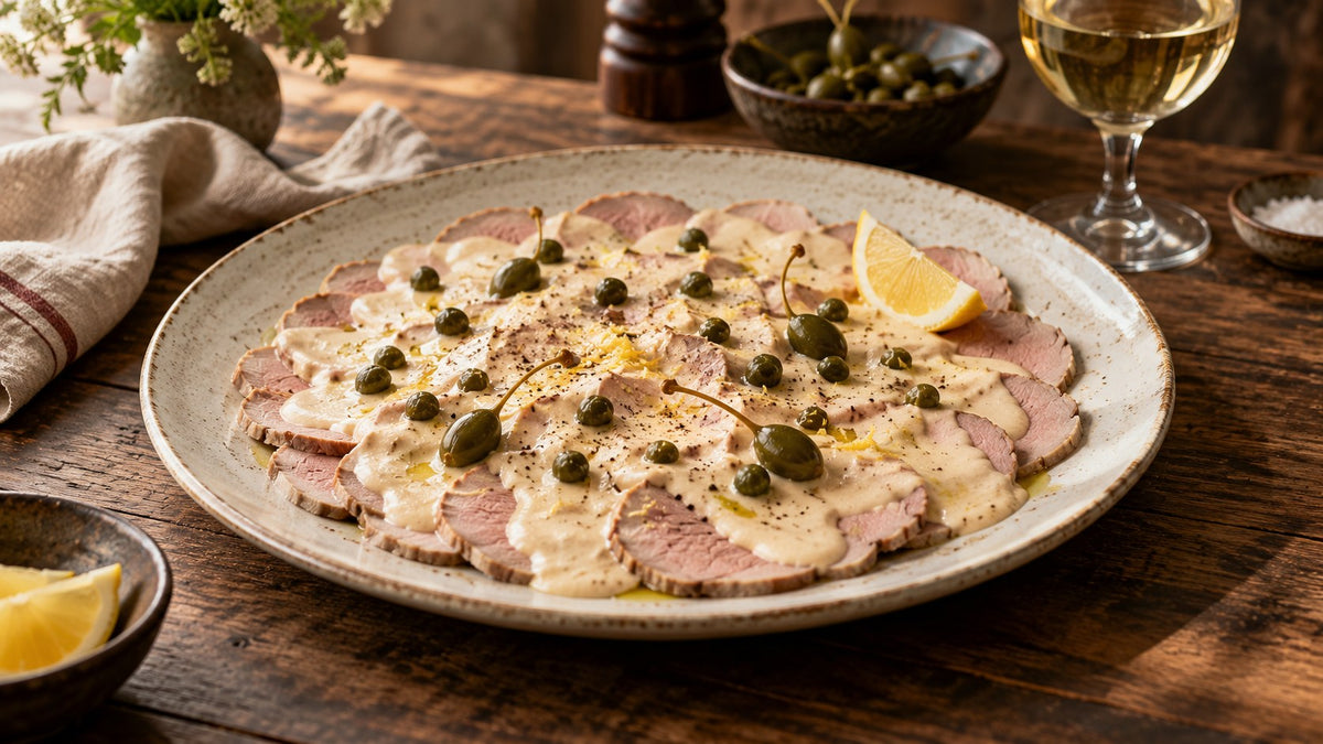 Vitello tonnato: dünne Kalbfleischscheiben mit Thunfischsauce und Kapern