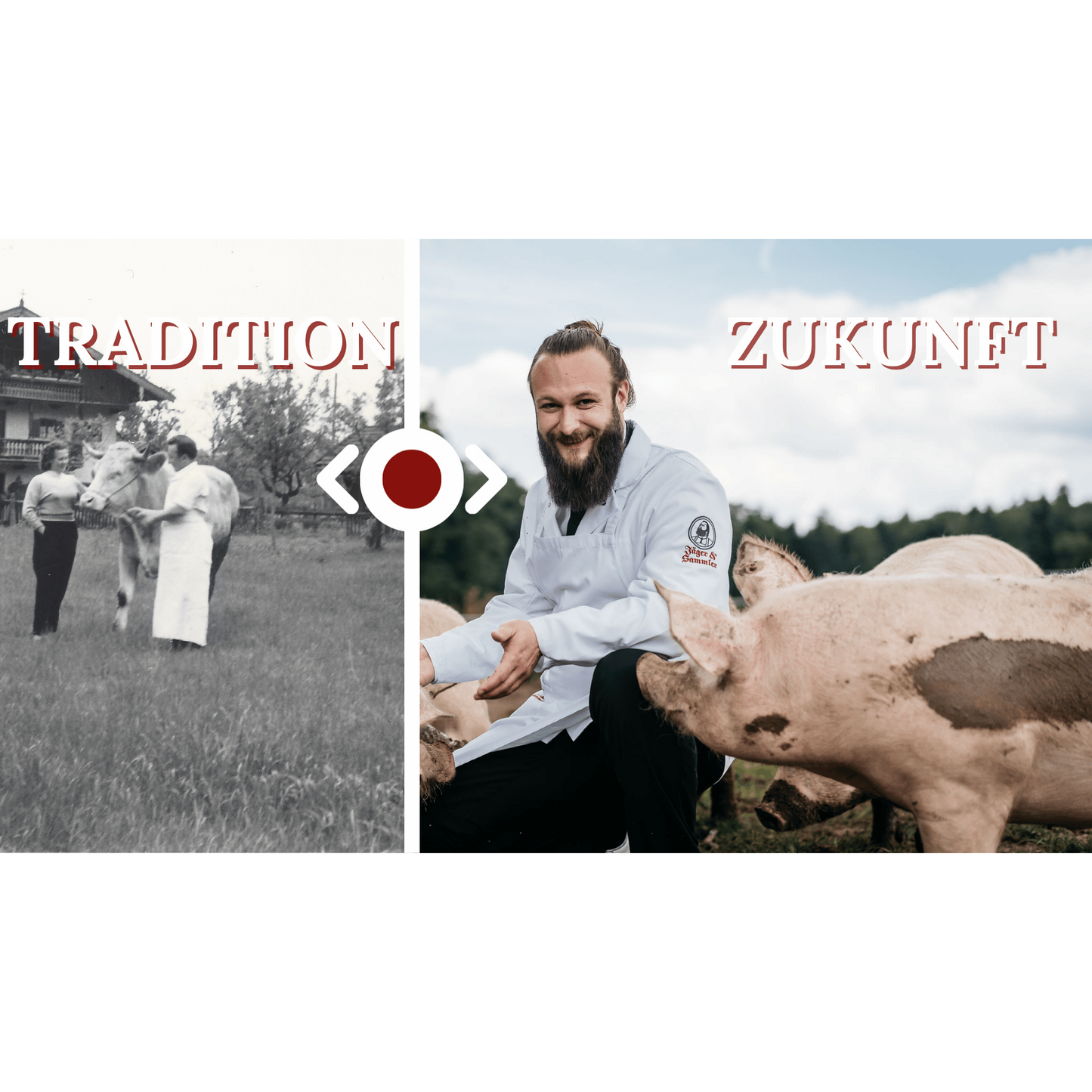 The image is a collage of two photographs. On the left, a man is standing in a field with a cow, and on the right, a man is sitting on a pig. The text "TRADITION ZUKUNFIT" is displayed above the images.