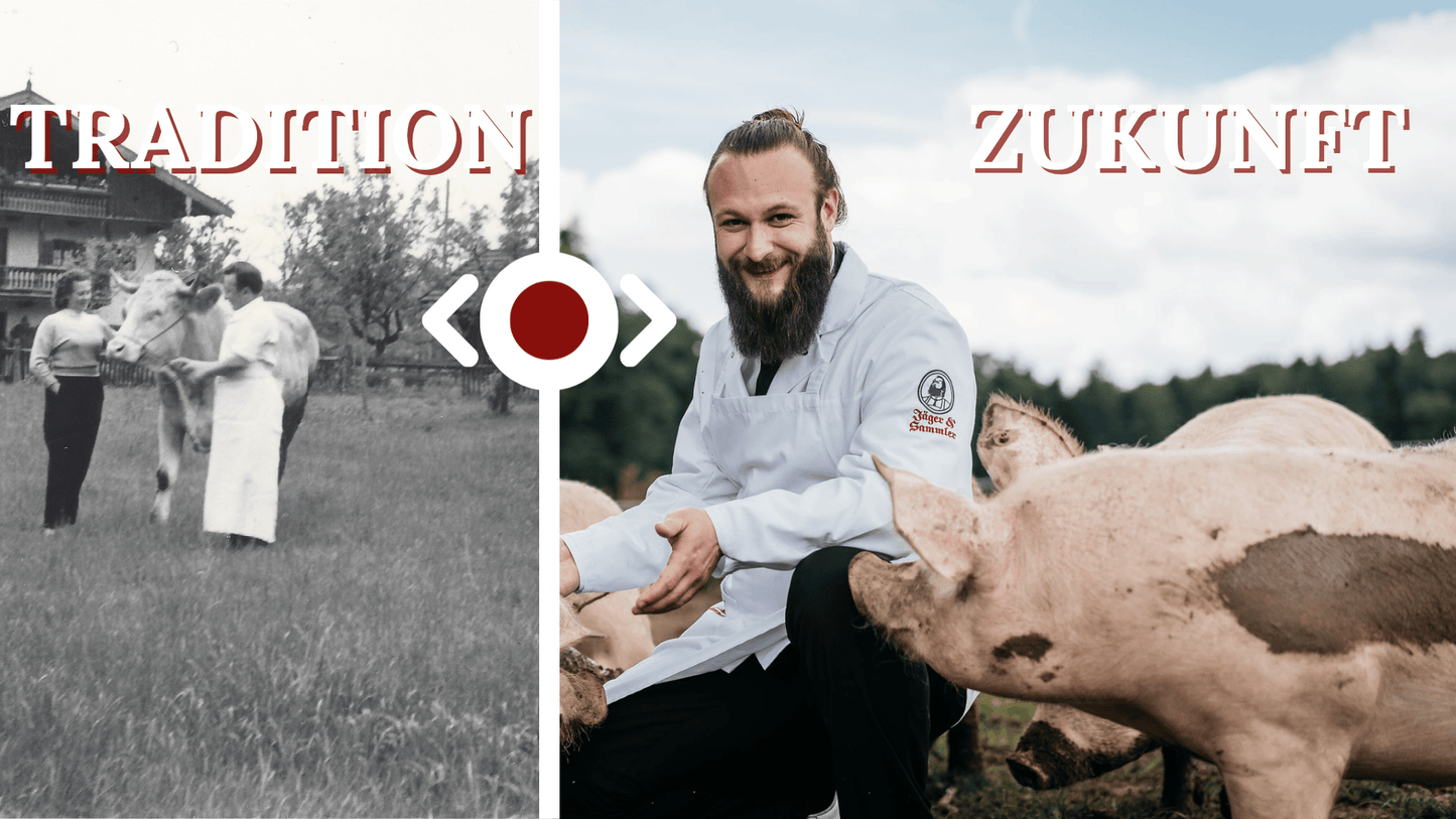 The image is a collage of two photographs. On the left, a man is standing in a field with a cow, and on the right, a man is sitting on a pig. The text "TRADITION ZUKUNFIT" is displayed above the images.