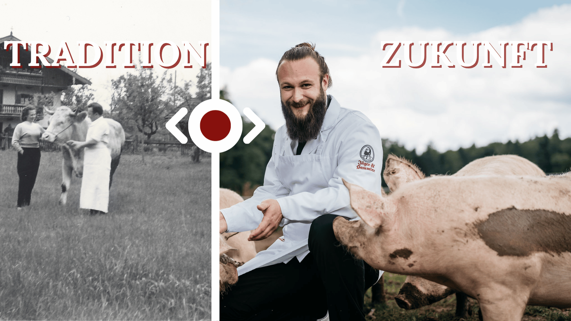 The image is a collage of two photographs. On the left, a man is standing in a field with a cow, and on the right, a man is sitting on a pig. The text "TRADITION ZUKUNFIT" is displayed above the images.