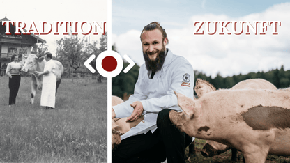 The image is a collage of two photographs. On the left, a man is standing in a field with a cow, and on the right, a man is sitting on a pig. The text "TRADITION ZUKUNFIT" is displayed above the images.