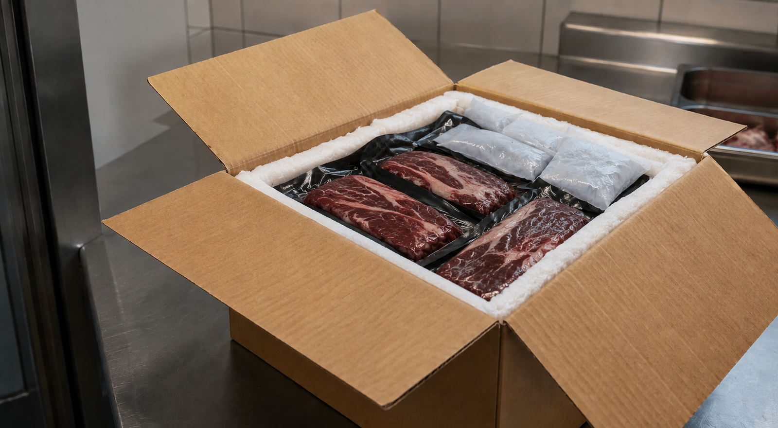 Verpackungsbeispiel: vakuumiertes Fleisch in einer isolierten Versandbox