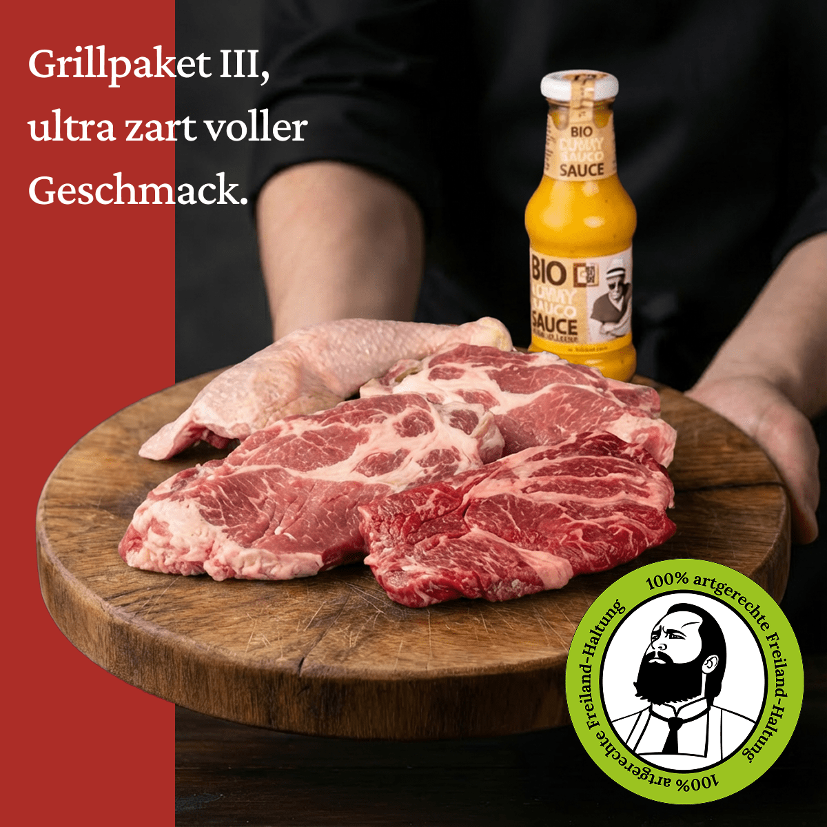 Grillpaket III (5 - 6 Pers.) - Freiland Bio Metzger Jäger und Sammler - Freiland Bio Fleisch - Artgerechte Haltung