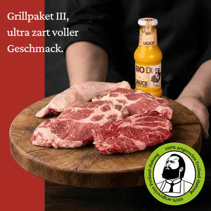 Grillpaket III (5 - 6 Pers.) - Freiland Bio Metzger Jäger und Sammler - Freiland Bio Fleisch - Artgerechte Haltung