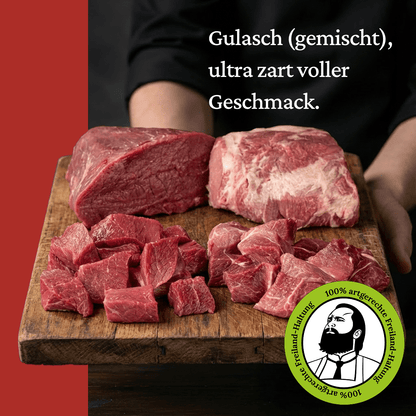 Gulasch (gemischt) - Freiland Bio Metzger Jäger und Sammler - Freiland Bio Fleisch - Artgerechte Haltung
