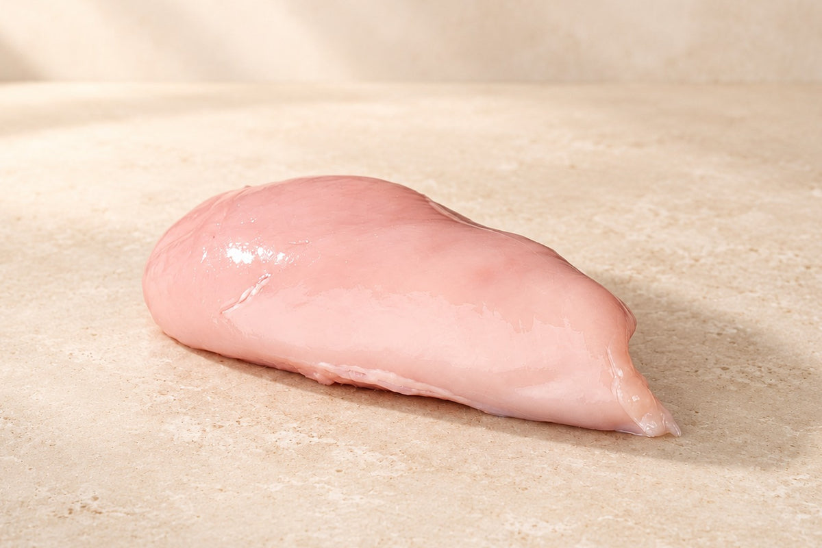 Bio-Hähnchenbrust, roh, auf hellem Kalkstein