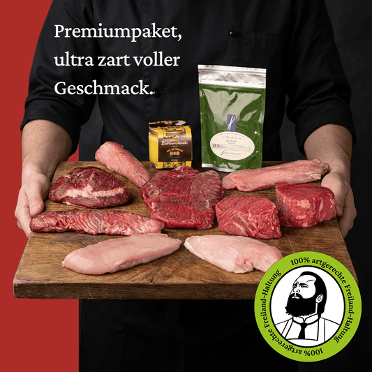 Premiumpaket (9 - 10 Mahlz.) - Freiland Bio Metzger Jäger und Sammler - Freiland Bio Fleisch - Artgerechte Haltung