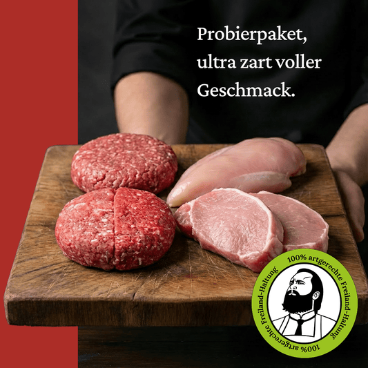 Probierpaket (3 - 4 Pers.) - Freiland Bio Metzger Jäger und Sammler - Freiland Bio Fleisch - Artgerechte Haltung