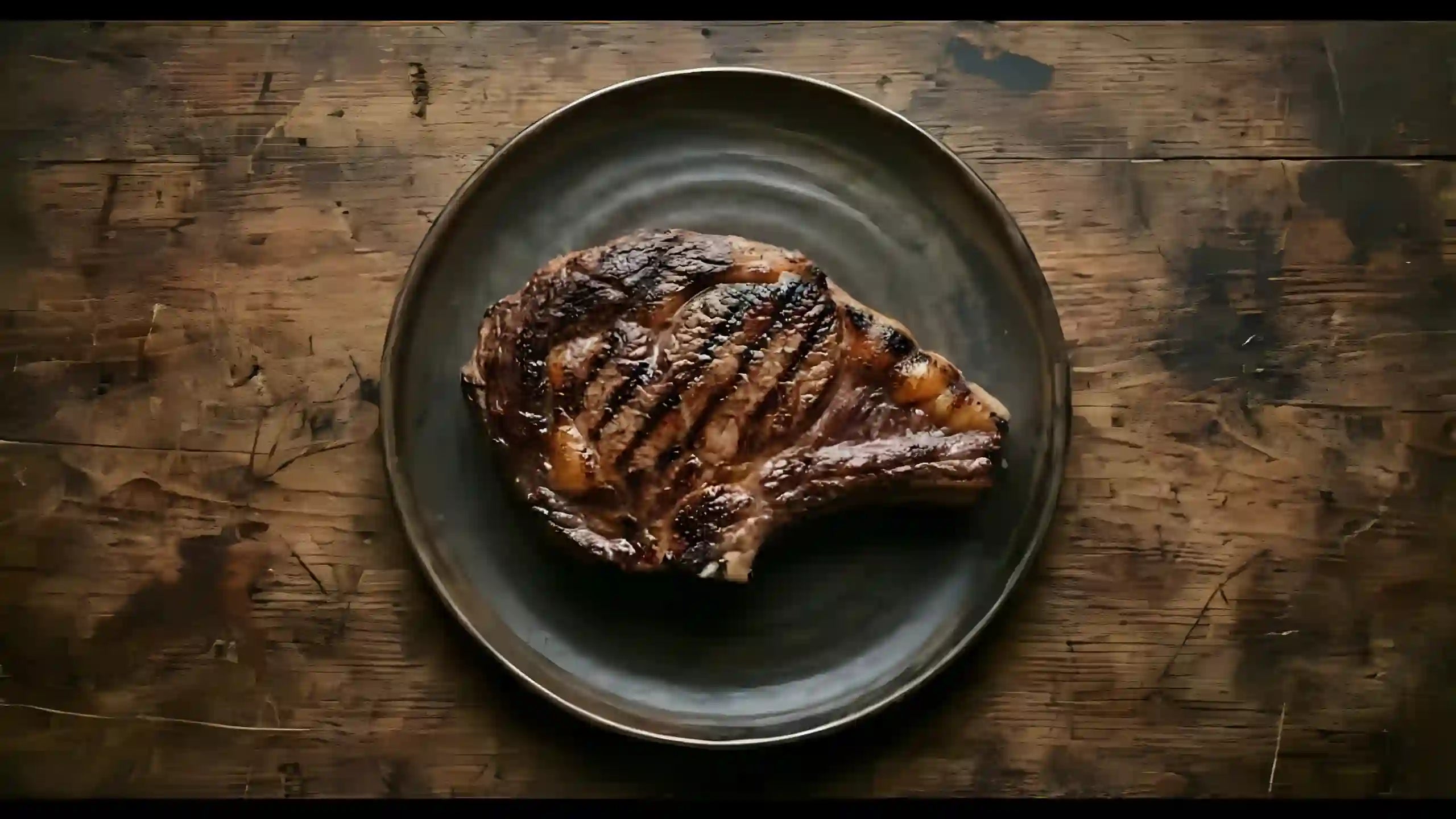 Gebratenes Steak mit Grillkruste auf einem dunklen Teller