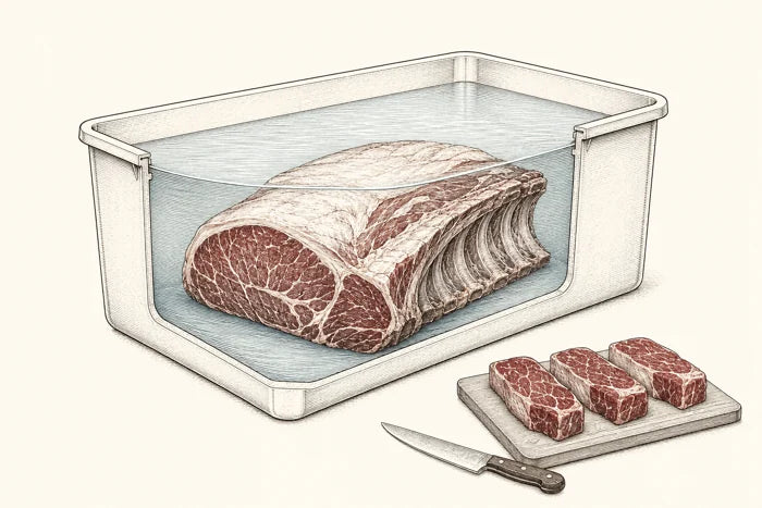 Illustration: Ribeye-Reifung in Mineralwasser