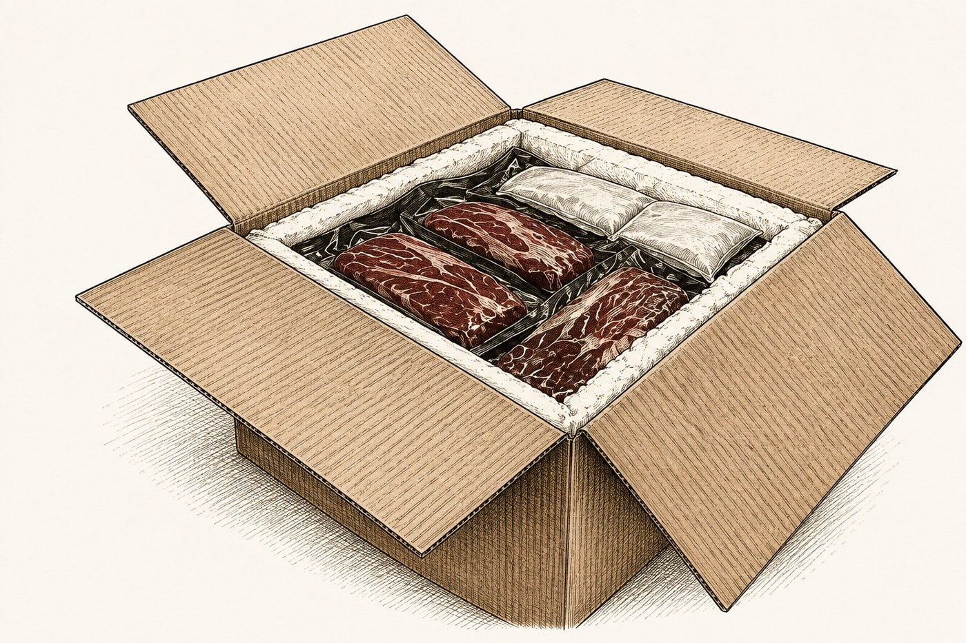 Illustration: vakuumierte Fleischportionen in einer isolierten Versandbox mit Kühlelementen